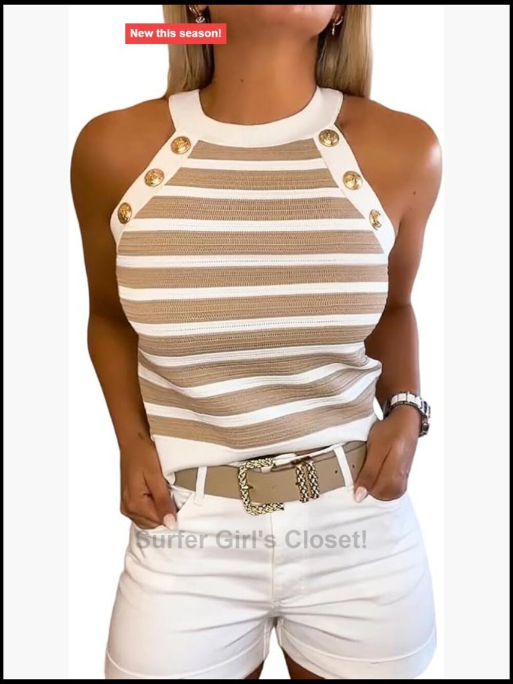 CHICME Women's Ribbed Knit Stripe V-Neck Tank Top Sleeveless Summer Top